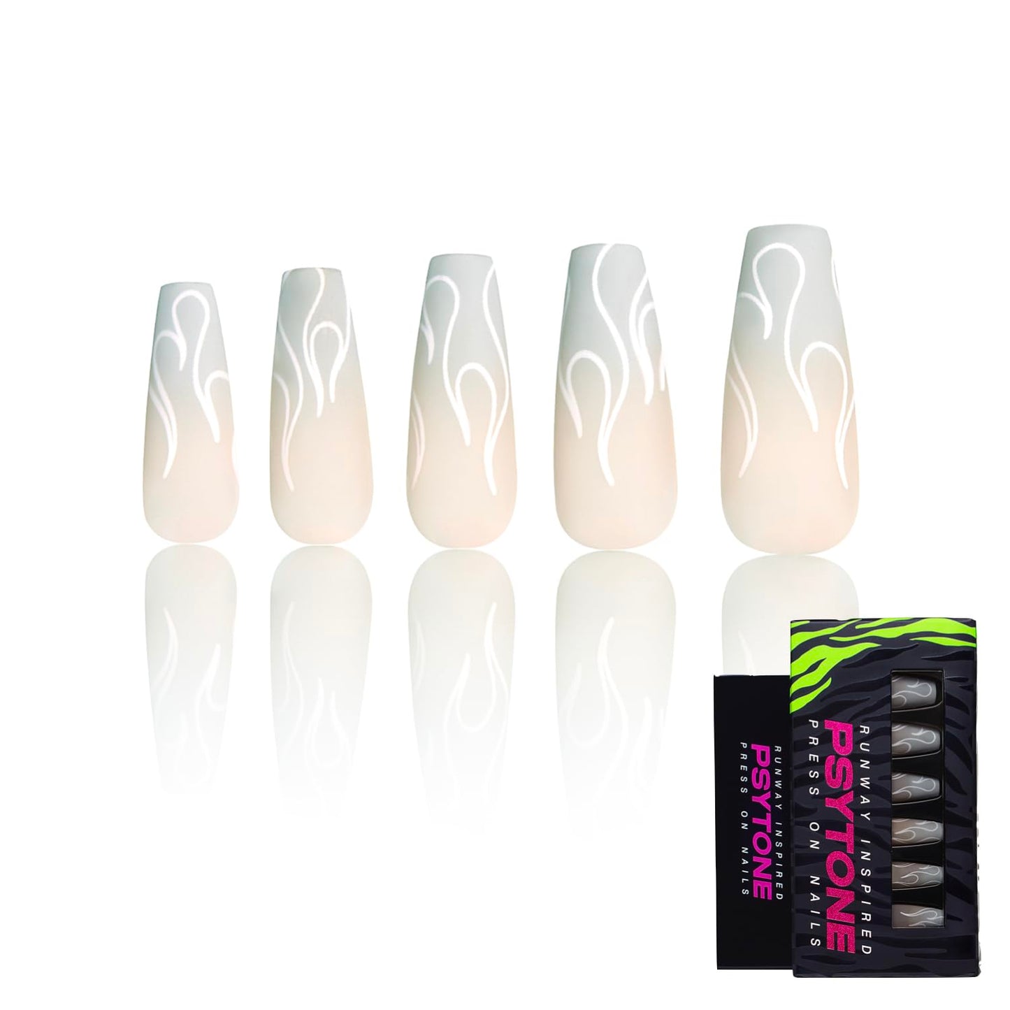 PSYTONE Press On Nails Long Coffin Fake Nails with Glue, 24Pcs Nail Kit-12 Sizes Runway Nails(Up In The Smoke)