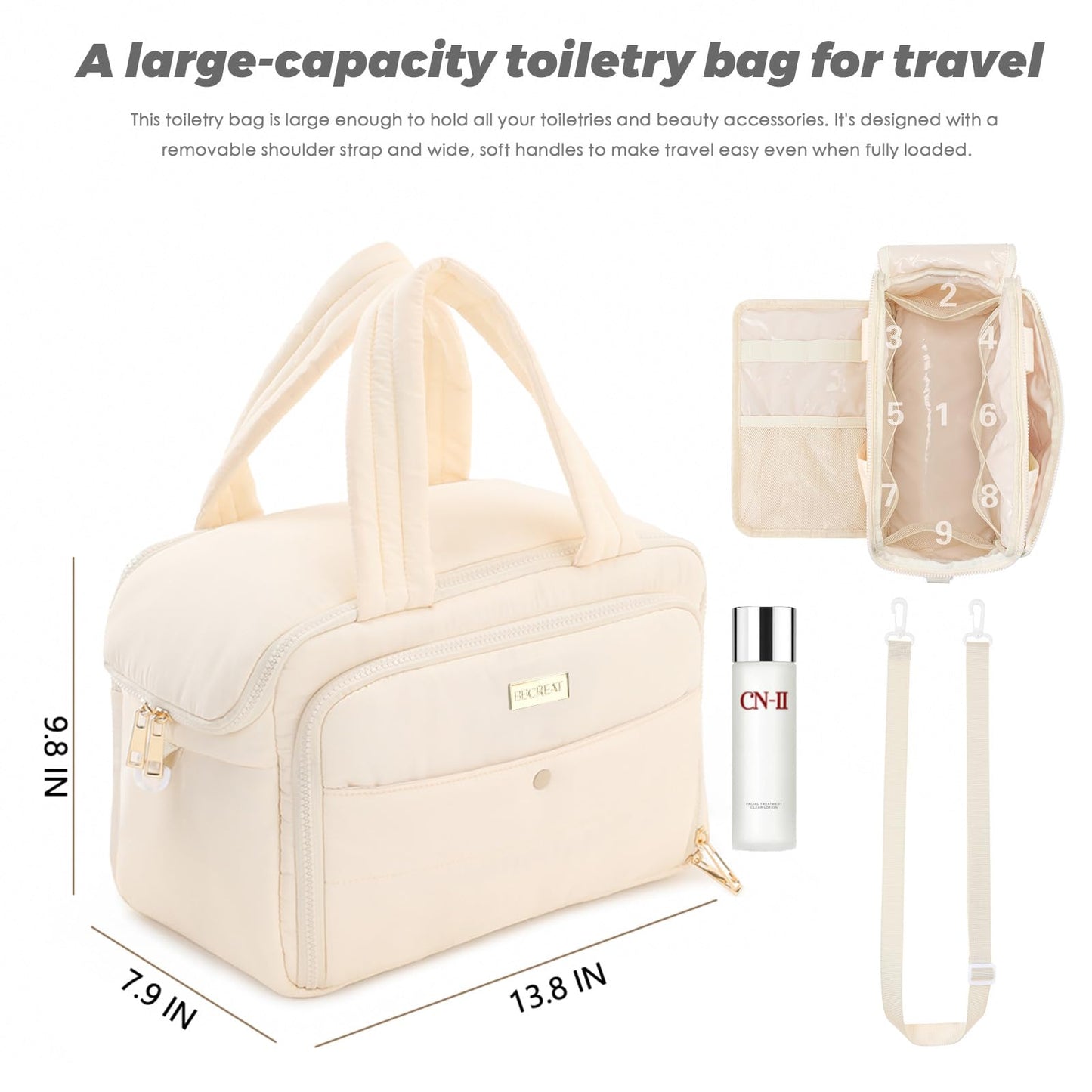 BBCREAT Large Travel Toiletry Bag for Women, Waterproof Puffy Organizer with Wide Handle & Shoulder Strap, Extra-Large Cosmetic Bag with Dry-Wet Separation for Toiletries & Beauty Essentials (Cream)