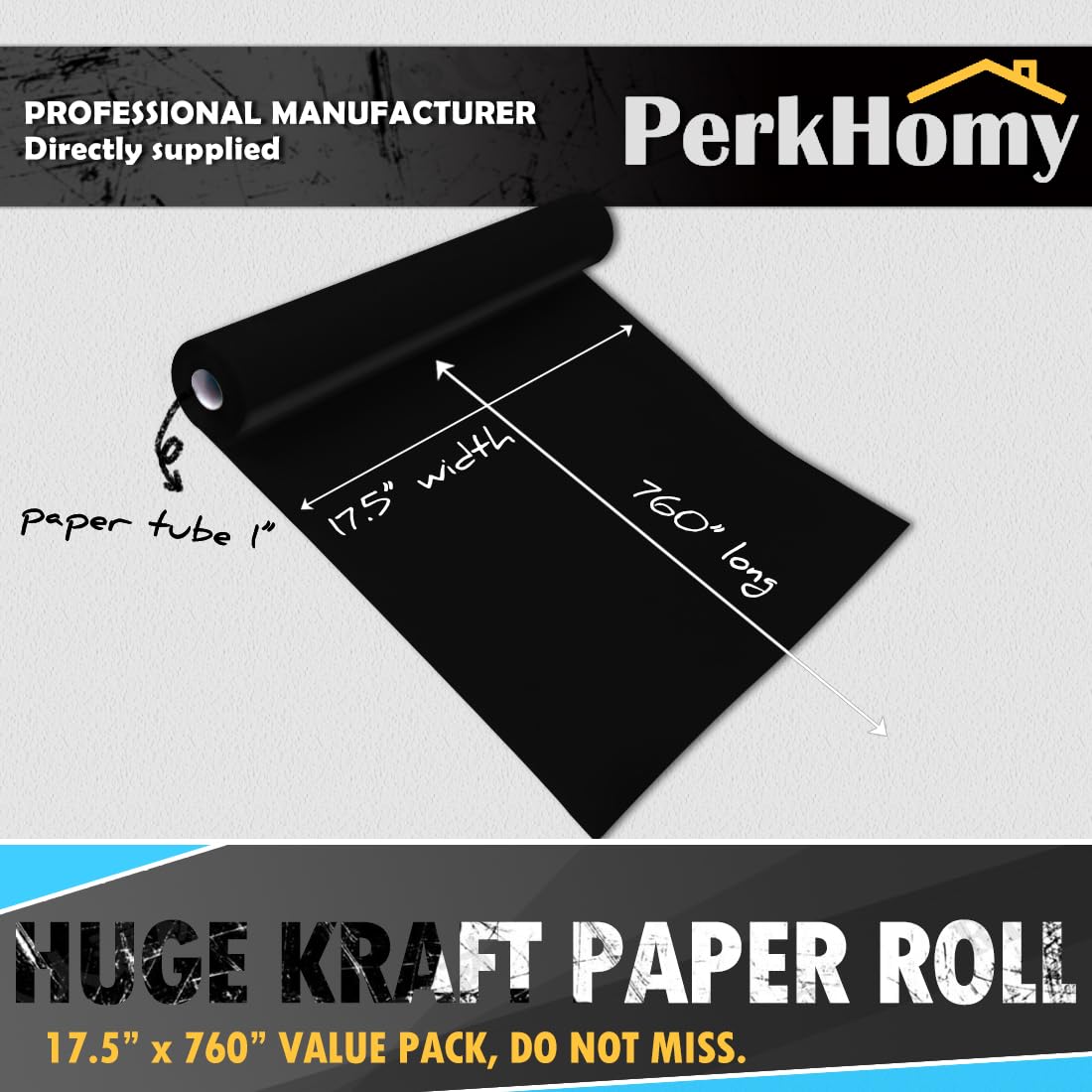 PerkHomy Black Kraft Paper Roll 17.5" x 760" (63') for Gift Wrapping Bouquet Flower Kids Art Painting Craft Writing Packaging Shipping 80GSM 55LB (Black, 17.5" x 63')