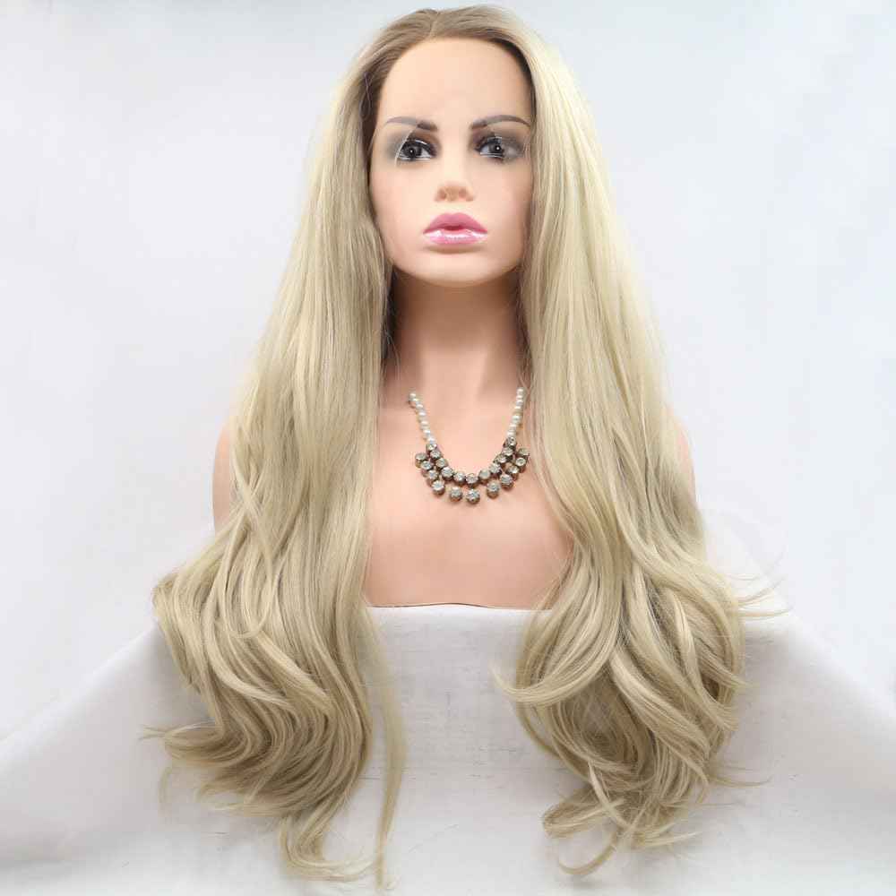 Xiweiya 13x3 Lace Long Ombre Blonde Wavy Lace Front Wig with Blonde Brown Roots Natural Wave Synthetic Lace Front Wig for Halloween Cosplay Wig Lace Heat Resistant Fiber High Density Wig for Women 24"