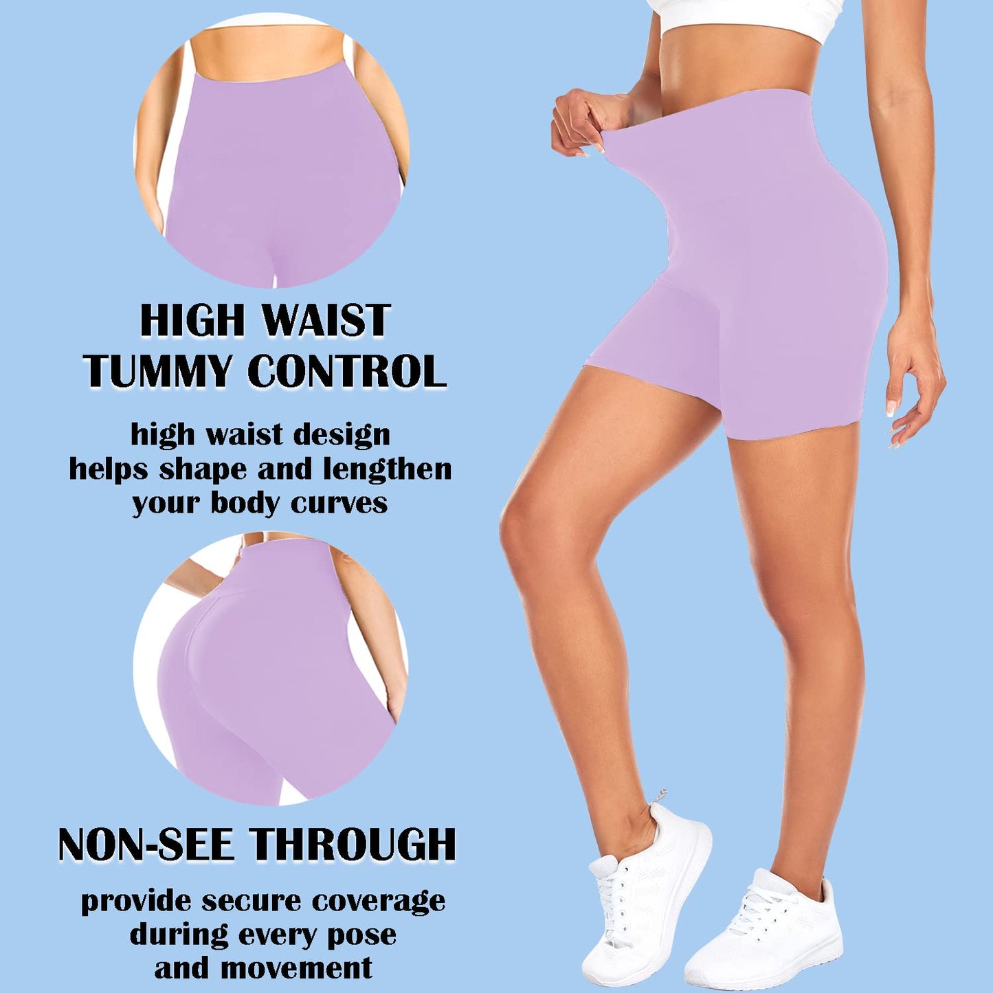 FULLSOFT High Waisted Biker Shorts for Women-5" Tummy Control Fitness Athletic Workout Running Yoga Gym Soft Shorts (Light Purple,Small-Medium)