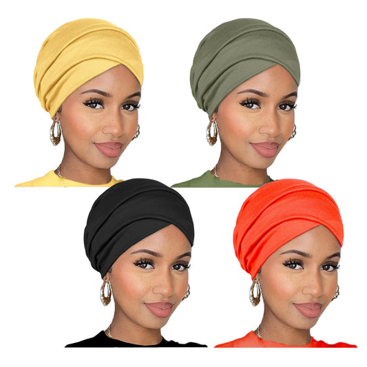 TuTive 4 Pieces Headwraps for Women Head Scarves Headwear Sleeping Headscarf Cap Reversible Turban Fashion Extra Wide Headbands Soft Easy Knot Hijab Urban Hair Scarf（Black,Orange,Army Green,Turmeric）