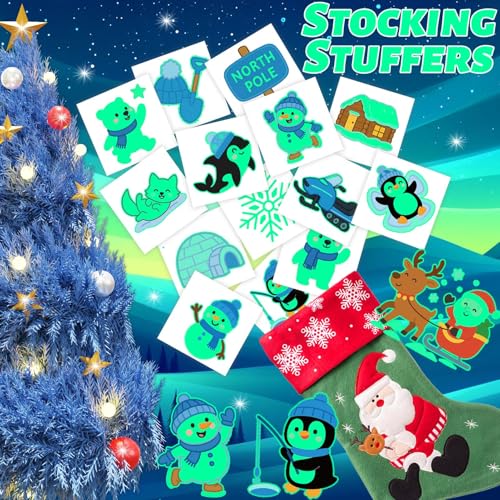 winthrop 120 Pcs Glow in The Dark Polar Animal Tattoos for Kids, 60 Luminous Winter Designs, Non-Toxic Waterproof Christmas Tattoos, Individually Wrapped Stocking Stuffers & Party Favors