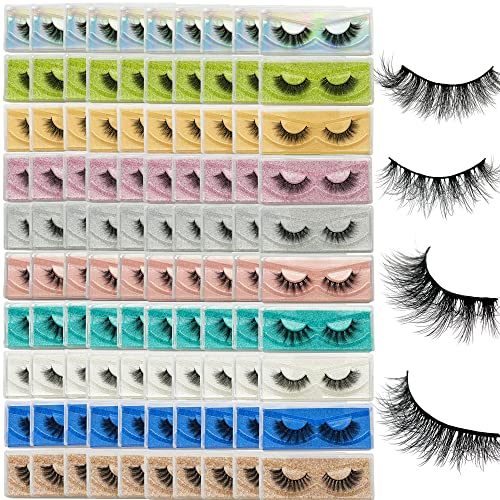 Fluffy Lashes 18mm False Eyelashes 100 Pairs 10 Styles Mixed Natural 9D Faux Mink Lashes Bulk Soft Reusable Fake Eyelashes Wholesale Lash with Glitter Portable Boxes