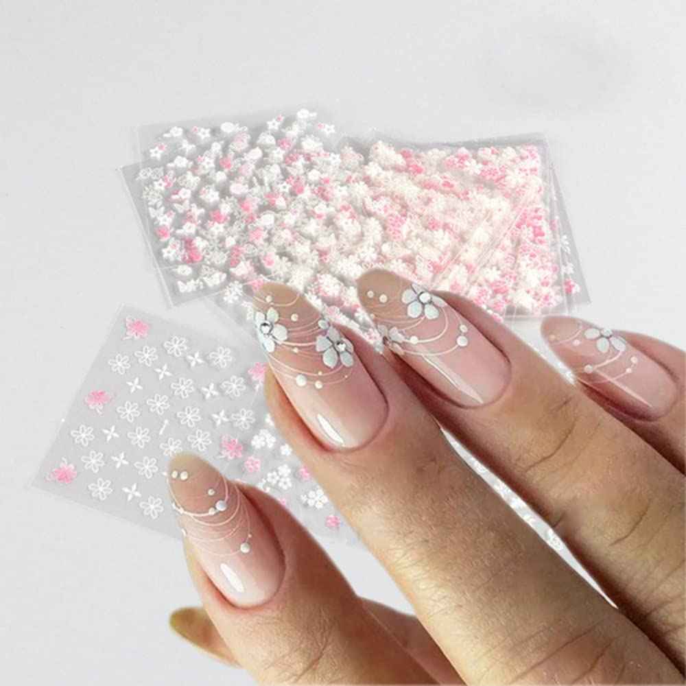 Flower Nail Art Stickers 3D Self Adhesive Pink White Nail Designs Nail Decals Nail Stickers Nail Art Supplies Pink Flower White Flower Nail Stickers for Nail Decorations Manicure Tips 30 Sheets