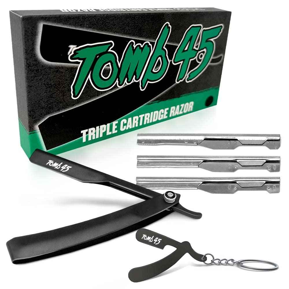 Tomb 45 Triple Cartridge Razor Holder | Disposable Razor Safety Handle For Barbers | 100% Metal Grip & 3 Adjustable Blade Exposure Options For Shaving (Black)