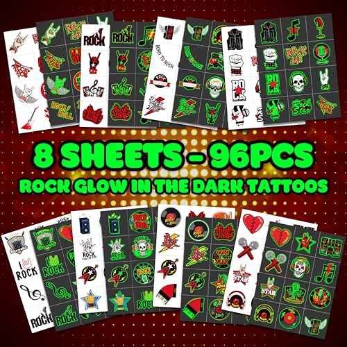 96PCS Born To Rock N Roll Rocks Luminous Glow in the Dark Temporary Tattoos Themed Music Band Birthday Party Decorations Favors Supplies Decor Rockstar Guitar Stickers For Kids (Glow in the dark)