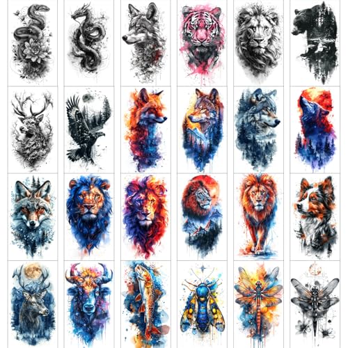 GLARYYEARS Temporary Tattoos for Men, 24-Pack Large Fake Tattoos, Long-lasting Animal Tattoos, Wolf Lion Snake Design Variety Pack Realistic Tattoos 3D, Cool on Half Arm Leg Back Body