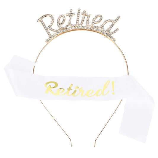 Jaciya Gold Retired Tiara Crown Headband Retirement Gift for Women White Retirement Sash for Women Retirement Party Decorations Officially Retired Retirement Party Set