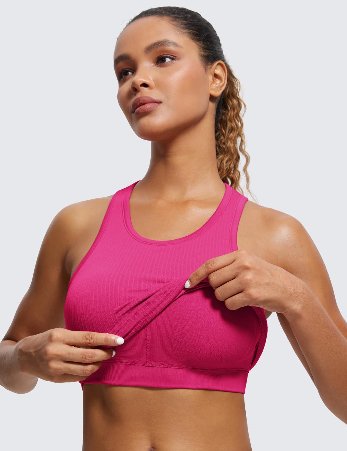 CRZ YOGA Womens Seamless Ribbed Longline High Neck Sports Bra - Racerback Padded Slim Fit Crop Tank Top with Built in Bra Granita Pink XX-Small