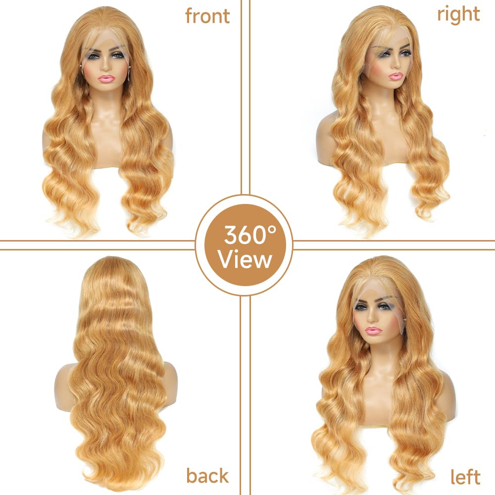 Loyom Honey Blonde Lace Front Wig Human Hair 27# Colored Human Hair Lace Front Wigs 13x4 Body Wave Glueless Lace Front Wigs Human Hair 180% Density 22 Inch