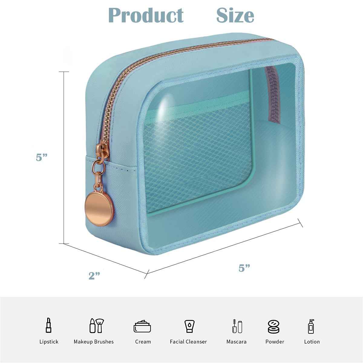 Clear Cosmetic Bag Makeup Bag, Clear Zipper Pouch Cosmetics Bags Cute Womens Make Up Pouches, Clear Toiletry Travel Bag Tote, Preppy Purse Cosmetic Organizer Mini Small Large Makeup Bags,Blue