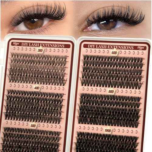 Higu clace Lash Clusters 600pcs 30D+40D+50D+60D+80D+100D Eyelash Clusters 6 Styles Mixed 10-18MM, Wispy Cluster Eyelash Extensions, Easy to Use, Can DIY at Home