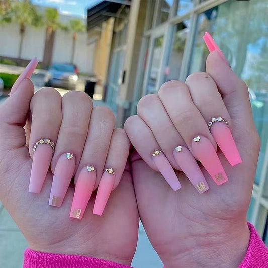 Long Nails Press on Nails Square Fake Nails French Tip False Nails Pink Matte Gradient Stick on Nails with 3D Rhinestones Designs Glue on Nails for Women and Girls 24 PCS Manicure