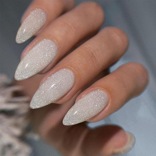 White Silver Glitter Press on Nails Medium Almond Nails Press ons,KXAMELIE Iridescent Shimmer Fake Nails Acrylic with UV Coating,Dazzling Sparkle Gel False Nails Set,Stiletto Glue on Nails for Women