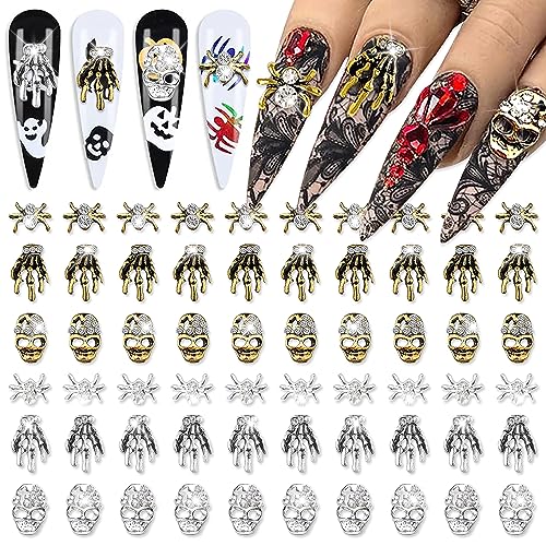 SILPECWEE 60pcs Halloween Nail Charms 3D Flat Back Nail Jewels Retro Skull Spider Skeleton Hand Charms for Nails Design Metal Nail Studs Alloy Nail Art Decoration for Acrylic Nails