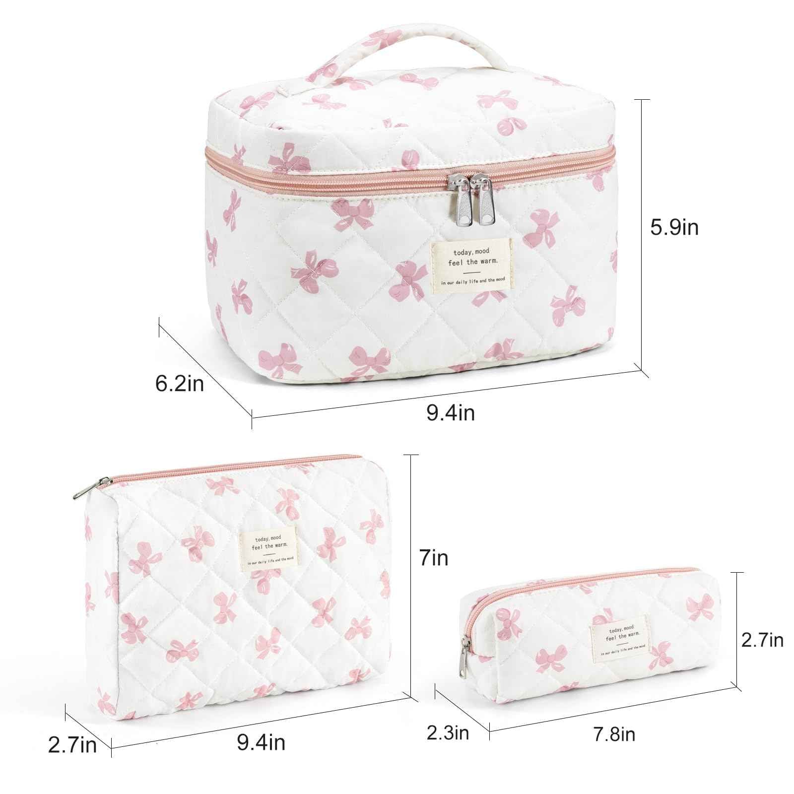 UUYUUY Makeup Bag for Women 3PCS Quilted Cotton Make Up Bag Travel Cosmetic Bag Large Makeup Bag Set Cute Bow Makeups Purse Organizer Floral Toiletry Pouch