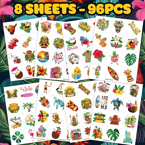 96 PCS Hawaiian Temporary Tattoos for Kids - Luau Party Favors