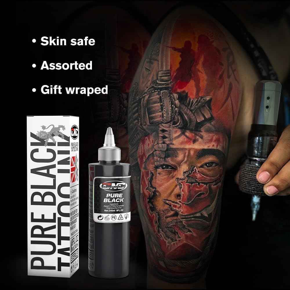 CNC 8oz Black Tattoo Ink Set 240ml Pure Black Vegan-Friendly Pigment Professional Tattoo Supplies for Lining, Shading, Blending Premium Skin-Safe Inks TI6003-240-001