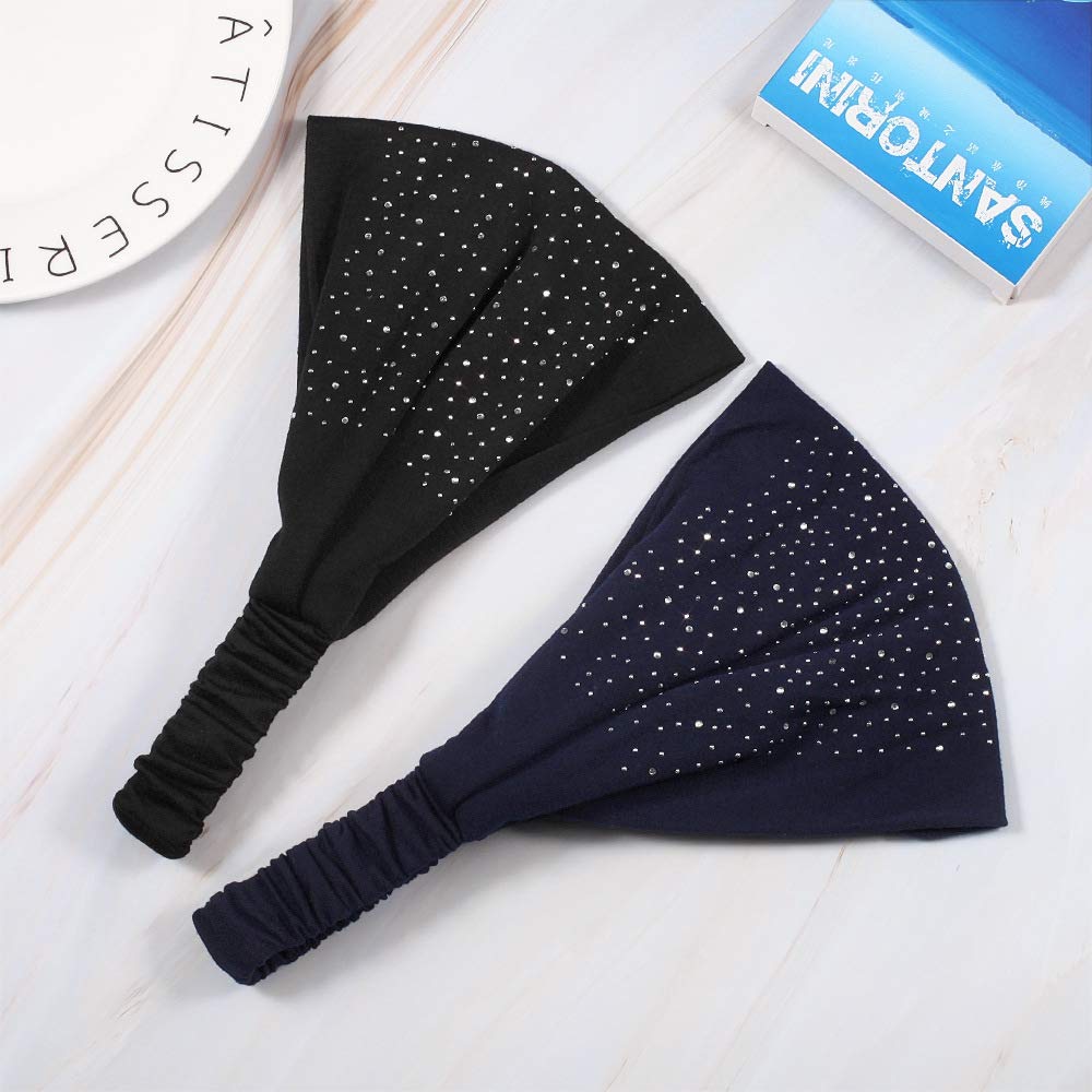 DINPREY Rhinestone Dots Wide Bandana Headband - Women's Twisted Solid Diamond Workout, Yoga & Makeup Head Wrap (4 Pcs)