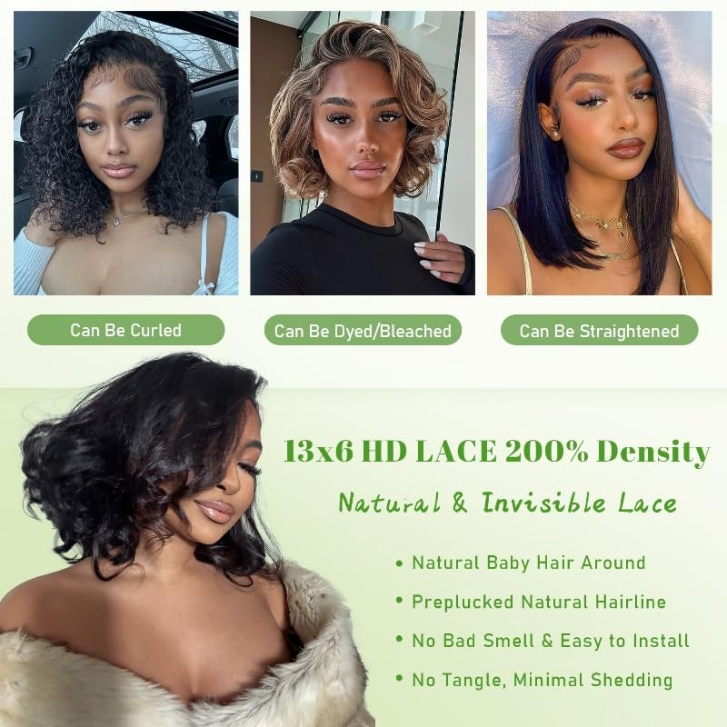 Body Wave 13x6 HD Lace Front Wig - 12 Inch Bob, 200% Density