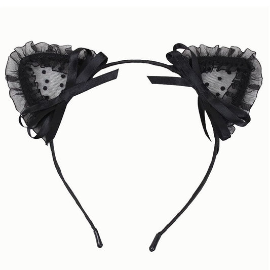 GKMAJKMB Black with Bowknot Sweet Lace Cat Ears Headband Hair Hoop Masquerade Party Hairband Cosplay for Women Girls (Black with Bowknot)