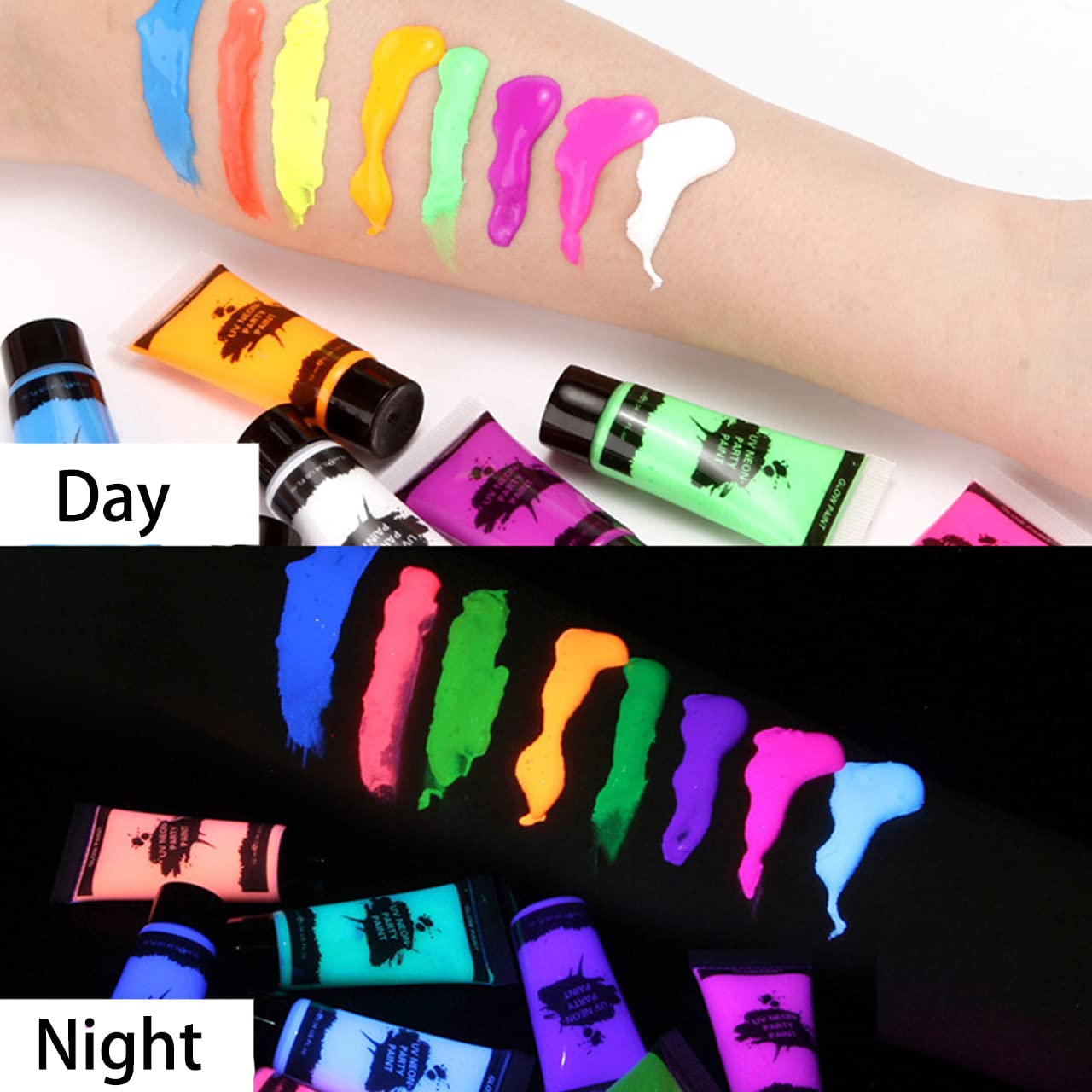 UV Blacklight Neon Face Body Paint, MEICOLY 8 Tubes Blacklight Reactive Paints,Water Based, Washable, Non-Toxic Neon Party Supplies for Halloween,01