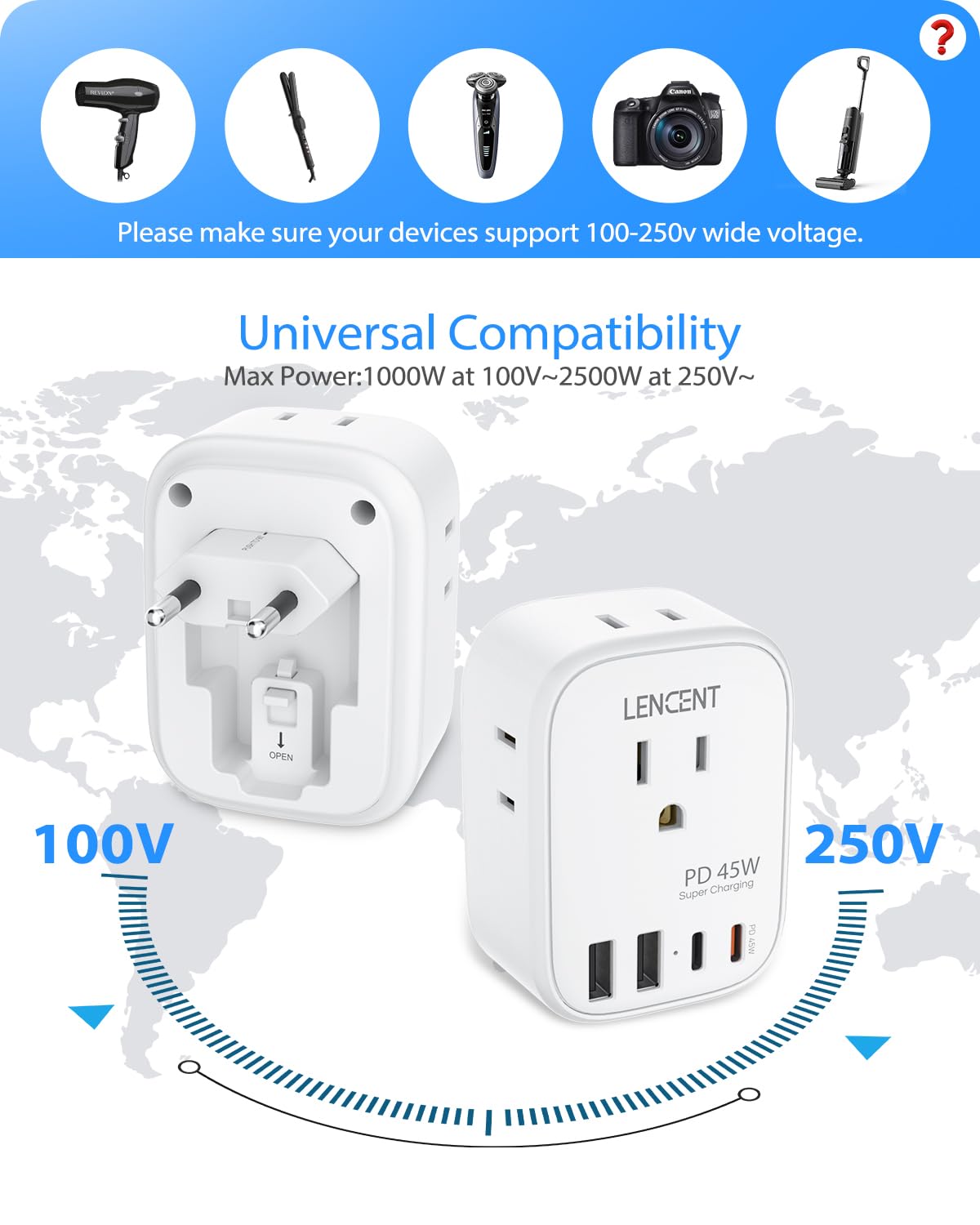 LENCENT European Travel Plug Adapter, PD 45W Type C Foldable Power Plug with 4 Outlet, USB Fast Charger Adaptor, Travel Essentials for US to Most of Europe EU Spain Italy France, Cruise Ship Approved