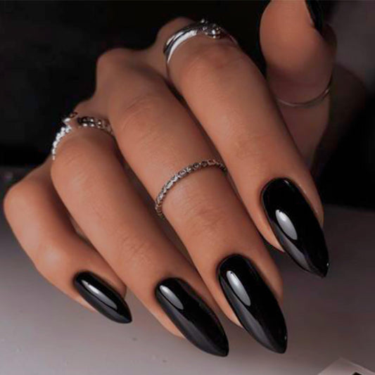 YOSOMK Black Press on Nails Medium Almond Fake Nails with Solid Color Designs Glossy Full Cover False Nails for Women and Girls