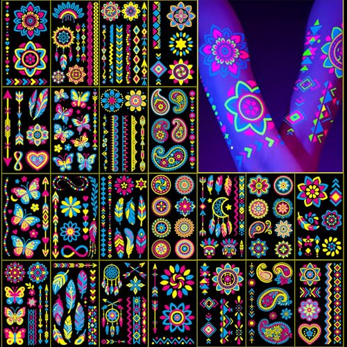 Glow in the Dark Party Supplies Temporary Tattoos 192+ PCS, Neon UV Blacklight Reactive Face Tattoos for for Party Supplies, Fluorescent Henna Flower Temporary Tattoos for Adults, Teens
