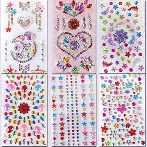 6-Sheet Rhinestone Face Gems Stickers - Reusable Body Art