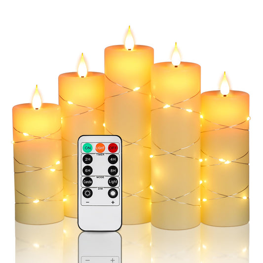 Upinmz Flameless Candle Battery with String of Lights Battery Powered LED Candle Flashing Candle with Remote Control and Timer 5 Packs (Ivory)