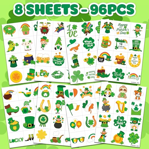 96 PCS St Patrick's Day Shamrock Temporary Tattoos for Kids