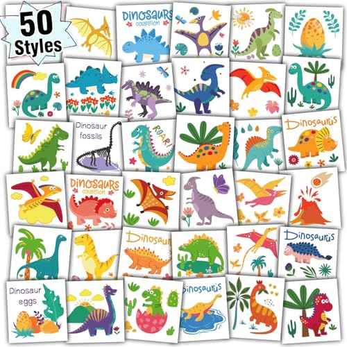 Partywind Dinosaur Kids Tattoos for Party Supplies, Individually Wrapped Cut Tattoos for Dinosaur Birthday Party Decorations Favors, Goodie Bag Stuffers Toys for Boys and Girls (50 Styles)
