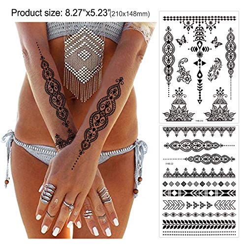 Konsait 10 Sheets Black Henna Temporary Tattoos for Women - Waterproof Festival Body Art Stickers