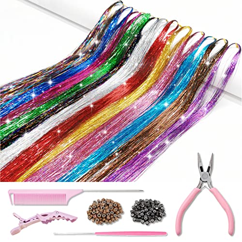 Hair Tinsel Kit 12 Colors 2400 Strands with Tools