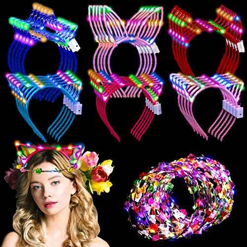 Xinnun 50 Pcs LED Cat Ear Headbands Bulk, Light up Flower Headband Glow Crown Rabbit Ear Head Accessories for Glow in the Dark Party (Cat)