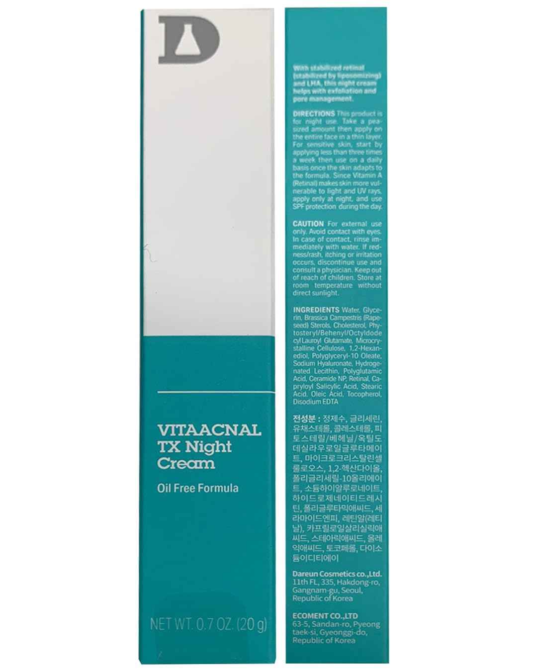Dr. Different VITAACNAL TX Night Cream for Face - Soothing & Nourishing Retinal Sebum Control Night Cream For Acne-Prone Skin - Blackheads Care Oil-Free Treatment Removes Dead Skin Cells 0.7oz.