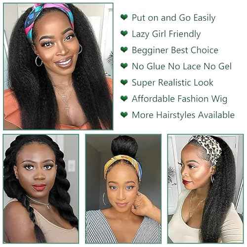Headband Wig Human Hair 18 Inch Kinky Straight Headband Wigs for Black Women Yaki Straight Human Hair Headband Wig Half Wig Human Hair Natural Black Color