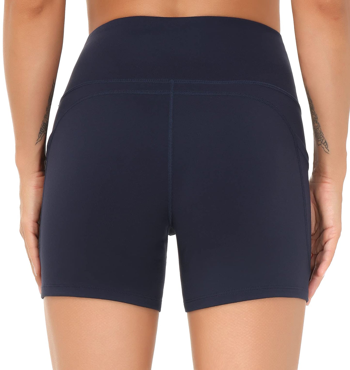 THE GYM PEOPLE High Waist Yoga Shorts for Women's Tummy Control Fitness Athletic Workout Running Shorts with Deep Pockets (Small, Navy Blue)