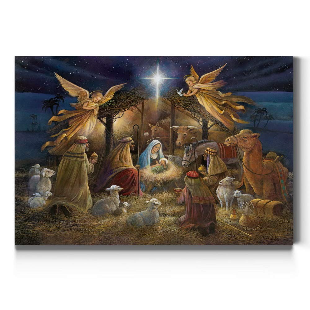 Renditions Gallery Nativity Scene Wall Art, Christ in a Manger, Jesus Christ, Mary, & Joseph, Religious Christmas Scene, Gallery Wrapped Canvas Decor, Ready to Hang, 18 in H x 27 in W, Made in America