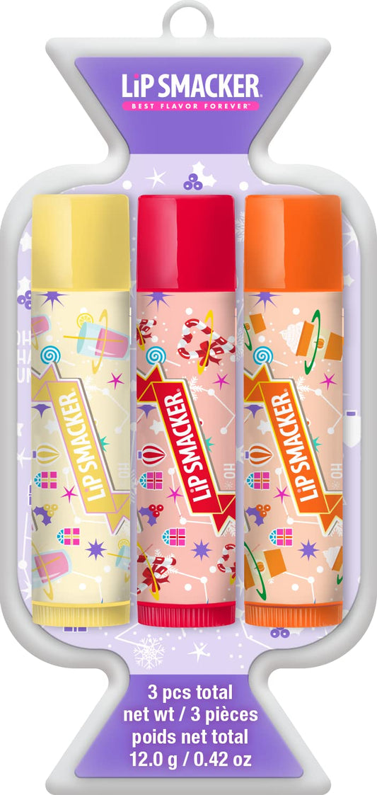 Lip Smacker Holiday Original & Best Flavored Lip Balm Candy Trio Pink Lemonade, Candy Cane, Spice Latte