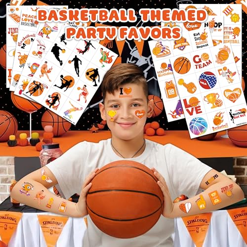 96 PCS Basketball Sports Pre-Cut Temporary Tattoos for Kids | Super Cute Basketball Themed Birthday Party Favors, Supplies, Decorations, Fake Tattoo Stickers, School Rewards & Gifts for Boys & Girls