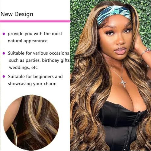 Ombre Headband Wig Human Hair #4/27 Highlight Body Wave Headband Wig Glueless None Lace Front Wig Brazilian Virgin Human Hair Wigs for Black Women Wear andGo Wig 180% Density 16 inch