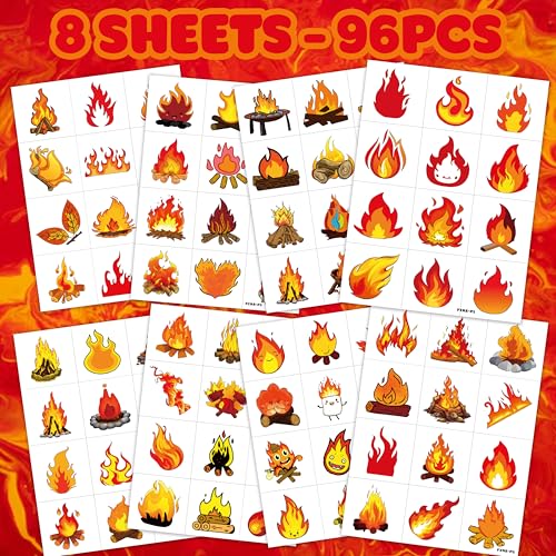 106 PCS Funny Fire Temporary Tattoos Birthday Party Decorations Supplies Favors Flame Firefighter Bonfire Camping Fire Themed Decor Stickers For Girls Boys Gift School Prizes Rewards