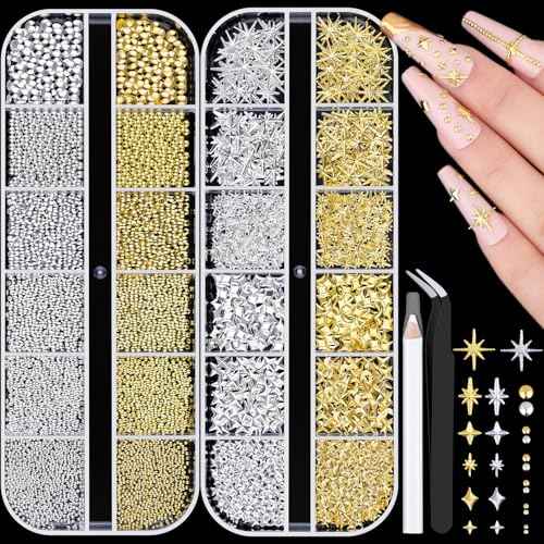 2640Pcs 3D Star Nail Charms, Gold & Silver Multi-Shapes Metallic Nail Art Gems and Small Round Caviar Beads, Craft Jewels Nail Rhinestones Accessories Manicure Decor with Tweezers and Pick-up Pencil
