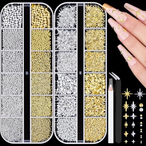 2640Pcs Gold & Silver Star Nail Charms Set with Caviar Beads & Tweezers