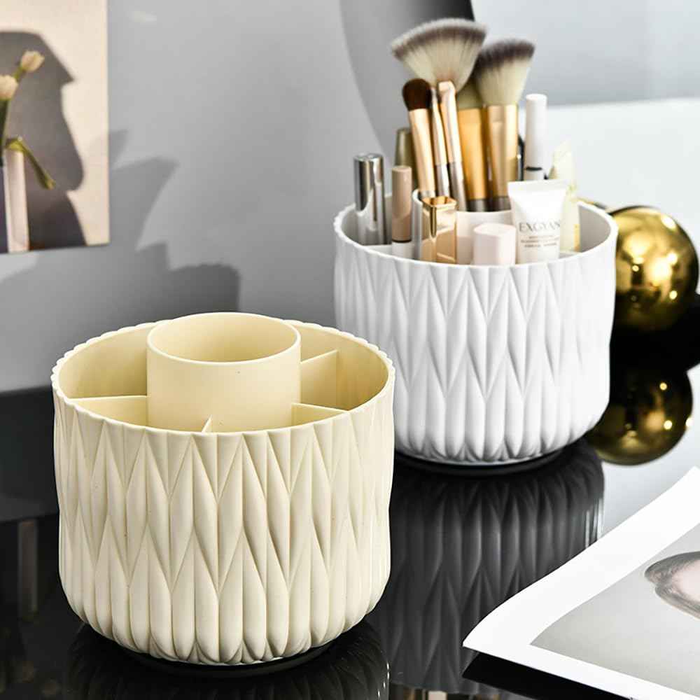 Yoohailor Rotating Makeup Brush Holder - White 5 Slot 360° Spinning Organizer for Vanity Desk, Cute Aesthetic Storage for Women, Multi-purpose Pen Pencil Caddy for Office Home Art Supplies