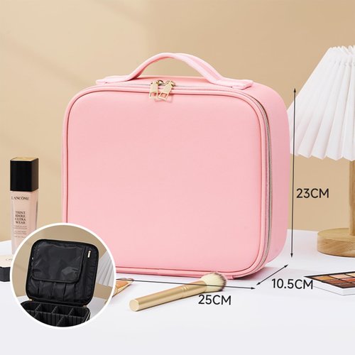JXAUDEKK Large Capacity Travel Makeup Train Case with LED Mirror,Rechargeable LED Light for Makeup Cosmetic Case with Brushes Storage Organizer,Travel Box Cosmetic Bag for Women (pink)