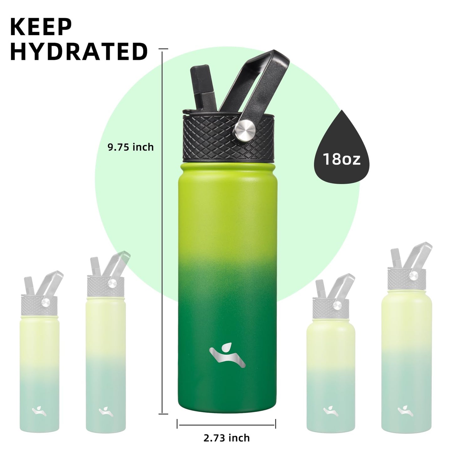 Konokyo Insulated Water Bottle with Straw,18 oz 3 Lids Metal Bottles Stainless Steel Water Flask,Bamboo Grove